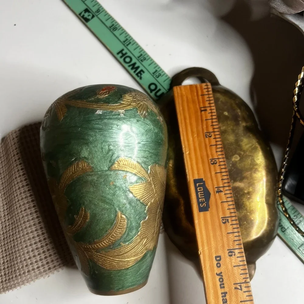 Vintage Brass Green Enamel Floral Set Egg Trinket Box Vase and Scalloped Tray